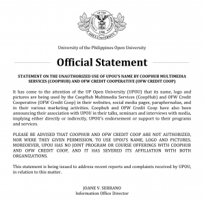 Statement of UPOU on COOPHUB