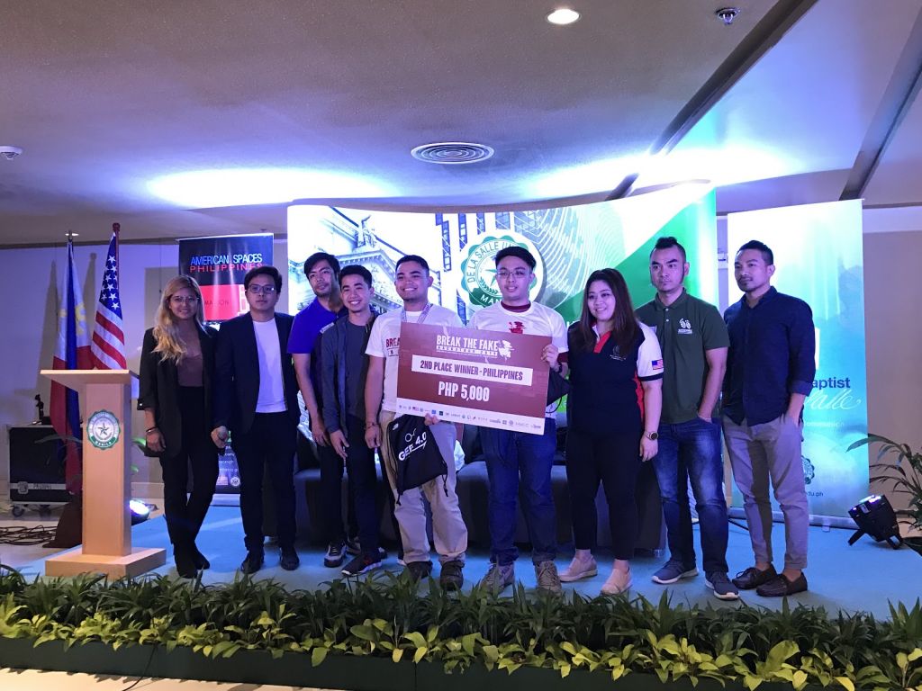 Break the Fake 2nd-Place Winners, Reynier C. Tasico and Andresito M. de Guzman (front center, left to right) with the judges, event organizers and sponsors.