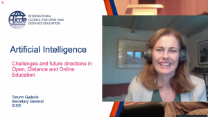 Secretary Torrun-Gjelsvik discussing the developments and challenges on Artificial Intelligence in Open, Distance, and Online Education in ICODeL Plenary Session 3.