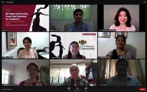 The host and some of the panelists of the UPOU Town Hall Session 2021: (top row, left to right) Mr. Rodolfo Pullian and Dr. Maria Rowena Raymundo; (middle row, left to right) Asst. Prof. Rita Ramos, Director Yasele Irene Angela M. Yambao, and Ms. Laarni Reaño; (bottom row, left to right) Dr. Maripres U. Sarinas, Dr. Alexander Flor, and Dr. Primo Garcia.