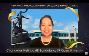 Dr. Melinda dela Peña Bandalaria, UPOU Chancellor, delivered a message acknowledging the Gawad Pangulo Award for Excellence in Public Service won by UPOU.