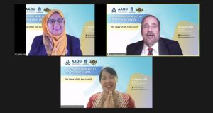 Dr. Tahira Bibi Naushahi (upper left), Dr. James W. Brown (upper right), and Dr. Melinda dela Peña Bandalaria (lower center) answered questions during the Q&A session of the AAOU Webinar Series 2022 #1: (R)evolution of ODL.