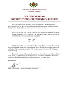 Certification of Constitutional Referendum Results submitted by ProvComm