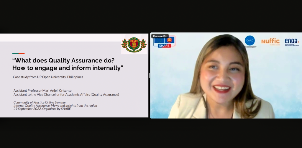 Asst. Prof. Mari Anjeli Lubrica-Crisanto at the European Union Support to Higher Education in the ASEAN Region (SHARE) to impart her experiences related to internal quality assurance.