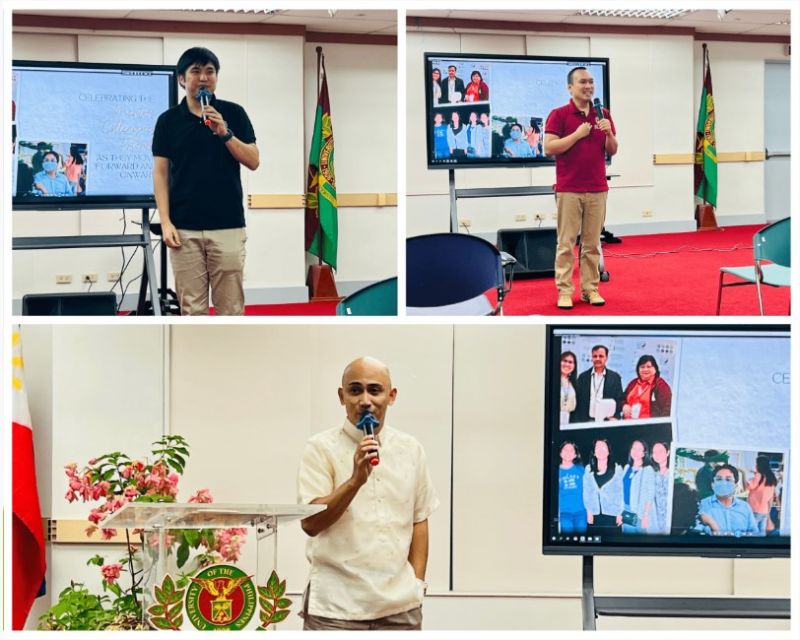 Clockwise from top left: Asst. Prof. Lianne Angelico C. Depante, Dr. Leo Mendel D. Rosario, and Asst. Prof. Karl Abelard Edberto L. Villegas deliver inspiring acceptance speechesClockwise from top left: Asst. Prof. Lianne Angelico C. Depante, Dr. Leo Mendel D. Rosario, and Asst. Prof. Karl Abelard Edberto L. Villegas deliver inspiring acceptance speeches