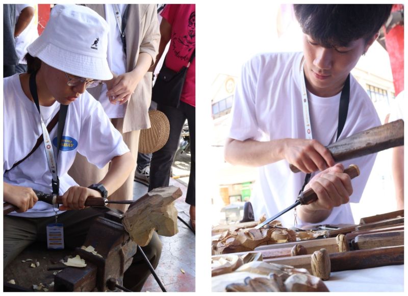 7 July 2023 – Taiwanese LAKBAY fellows, Emily (left) and Jack Chang (right) test their skills using the Paet or chisel to carve wood