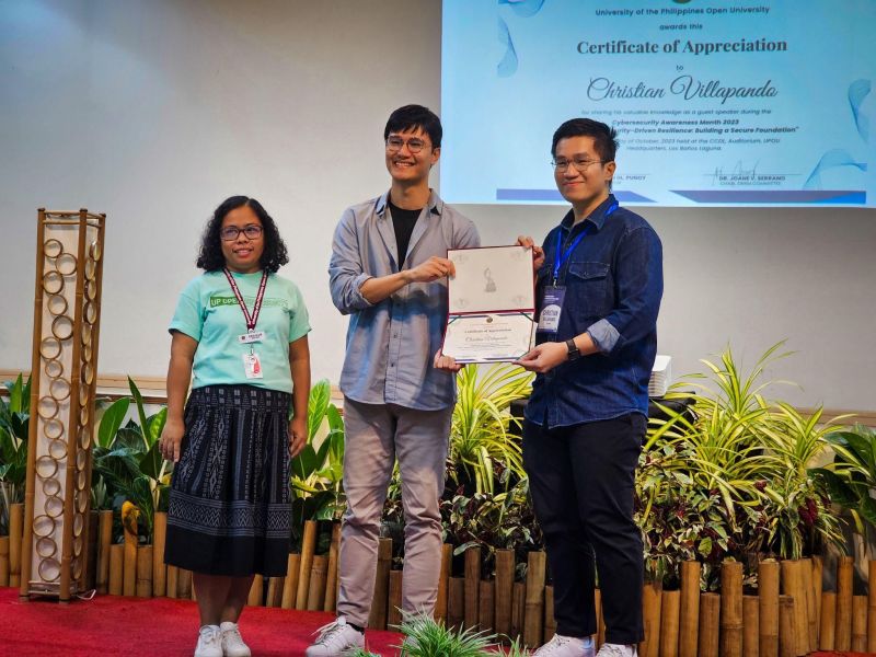 Asst. Prof. Cecille Moldez, PDA of ICTDO; Dr. Reinald Adrian Pugoy, Director of ICTDO; and Mr. Christian Villapando, Security Consultant. (left to right)