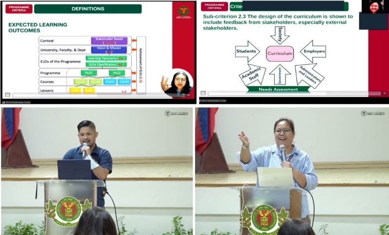 (from left to right; top to bottom) FMDS QA Officer Ria Valerie Cabanes, former FEd QA Officer Roja Rivera, FICS Dean Diego Maranan, and FEd Dean Charisse Reyes, each discussing AUN-QA Programme Level Criteria 1 to 4, respectively