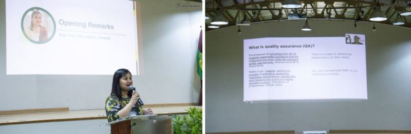 (left) QAO Director Mari Anjeli Crisanto delivering the opening remarks; (right) VCAA Primo Garcia discussing the principles of quality assurance