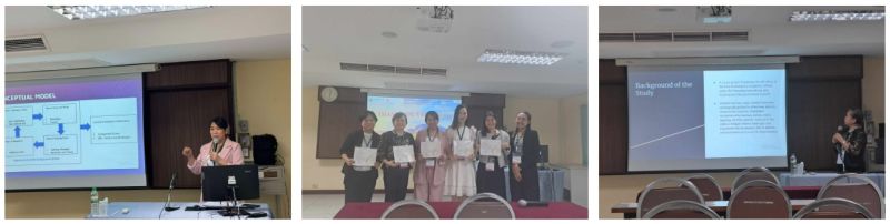 From left to right a) Dr. Ramos during her presentation b) Group photo with the presenters, including Dr. Ridulme and Dr. Ramos c) Dr. Ridulme during her presentation.