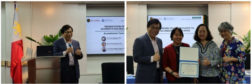 (left) Prof. Kam Cheong Li during the presentation of the accreditation results and (right) the awarding of the certificate of accreditation to UPOU by the AAOU Accreditation Team