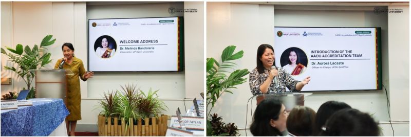 (left) UPOU Chancellor Melinda Bandalaria delivering the welcome address for the AAOU Institutional Accreditation and (right) QAO-OIC Aurora Lacaste introducing the AAOU Accreditation Team