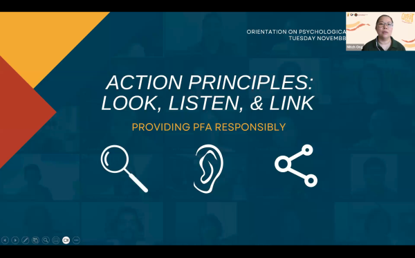 Dr. Ong presenting the action principles of Psychological First Aid that PFA providers must always rememberDr. Ong presenting the action principles of Psychological First Aid that PFA providers must always remember